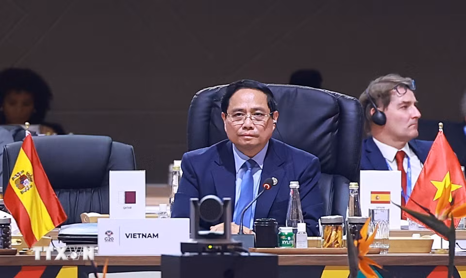 Thủ tướng Phạm Minh Chính phát biểu tại Phiên toàn thể Hội nghị Thượng đỉnh G20. (Ảnh: Dương Giang/TTXVN)