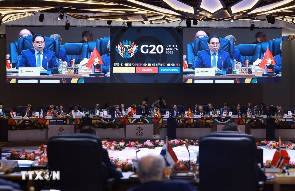 Thủ tướng Phạm Minh Chính phát biểu tại Phiên toàn thể Hội nghị Thượng đỉnh G20. (Ảnh: Dương Giang/TTXVN)