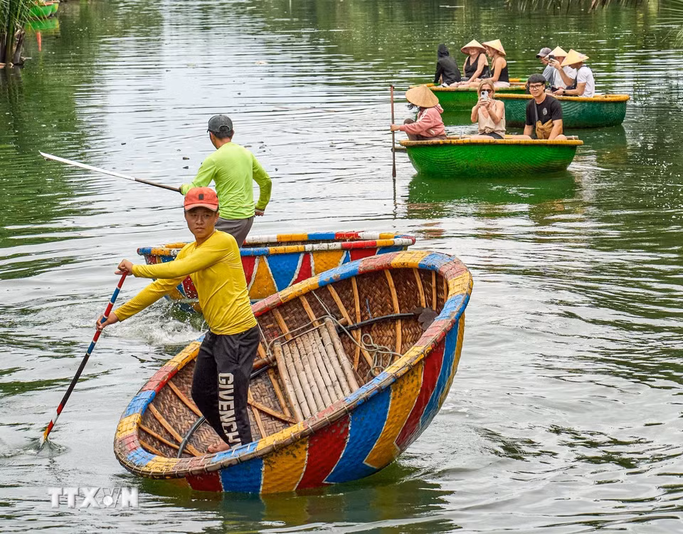 Màn biểu diễn múa thúng tạo điểm nhấn trong hành trình khám phá rừng dừa Bảy Mẫu. (Ảnh: Khánh Hòa/TTXVN)