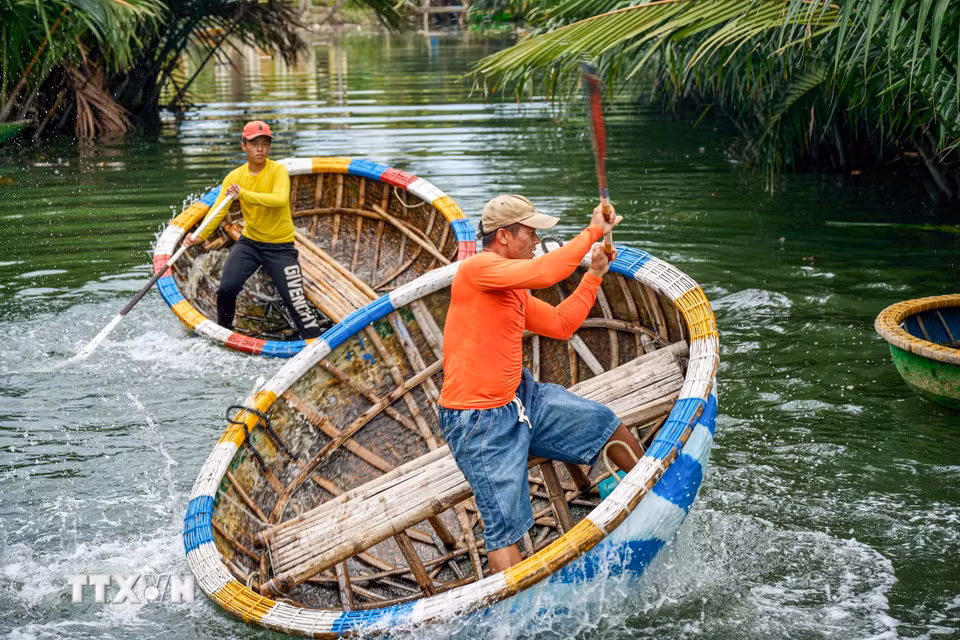 Màn biểu diễn múa thúng tạo điểm nhấn trong hành trình khám phá rừng dừa Bảy Mẫu. (Ảnh: Khánh Hòa/TTXVN)