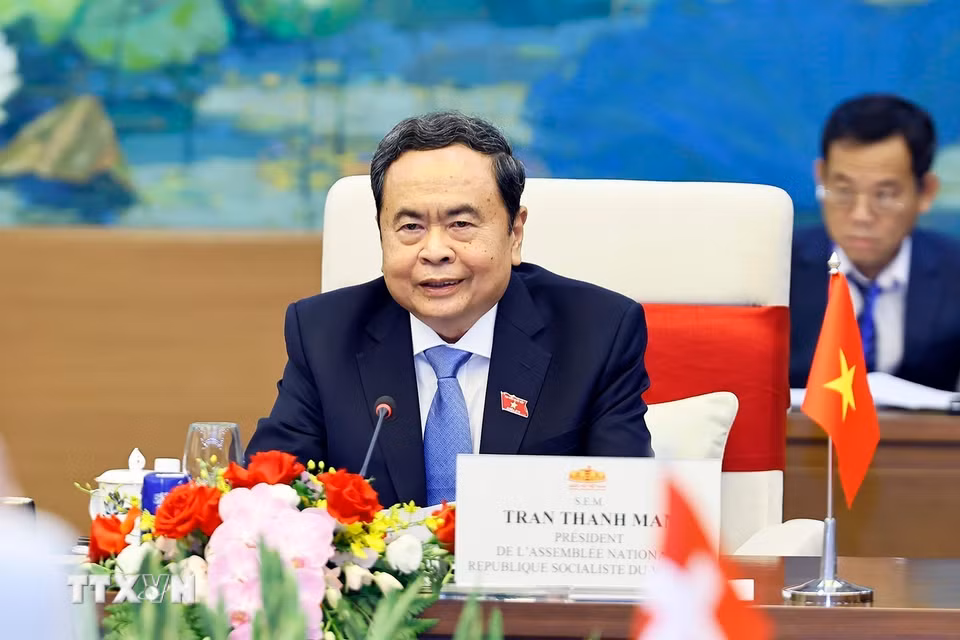 Chủ tịch Quốc hội Trần Thanh Mẫn phát biểu tại cuộc hội kiến Tổng thống Thụy Sĩ Guy Parmelin. (Ảnh: Doãn Tấn/TTXVN)