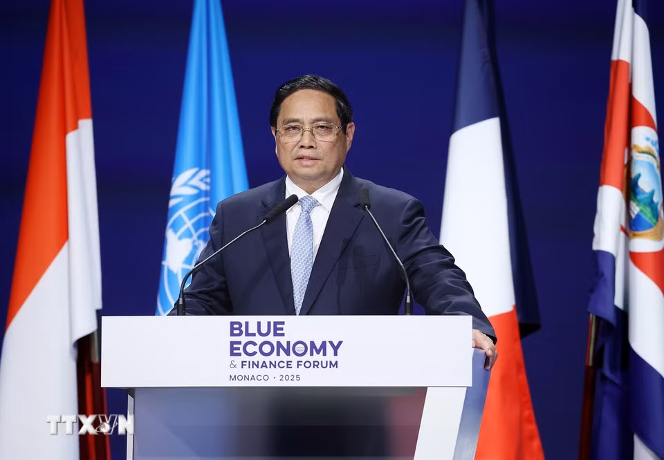 Thủ tướng Phạm Minh Chính phát biểu tại Diễn đàn Tài chính và Kinh tế xanh của Hội nghị Đại dương ﻿Liên hợp quốc lần thứ ba (UNOC 3). (Ảnh: Dương Giang/TTXVN)