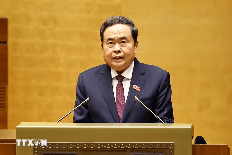 Ủy viên Bộ Chính trị, Chủ tịch Quốc hội Trần Thanh Mẫn phát biểu tại Lễ công bố thành lập Tổ chức Nghị sỹ hữu nghị Việt Nam của Quốc hội khóa XVI. (Ảnh: Doãn Tấn/TTXVN)