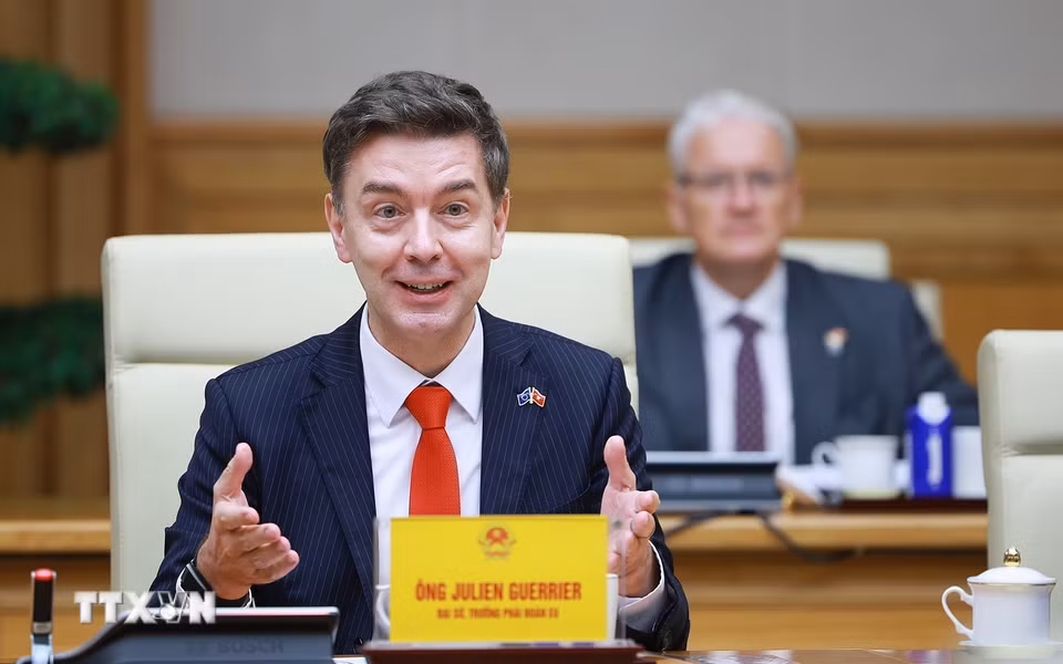 Ông Julien Guerrier, Đại sứ, Trưởng Phái đoàn Liên minh Châu Âu (EU) tại Việt Nam phát biểu. (Ảnh: Dương Giang/TTXVN)