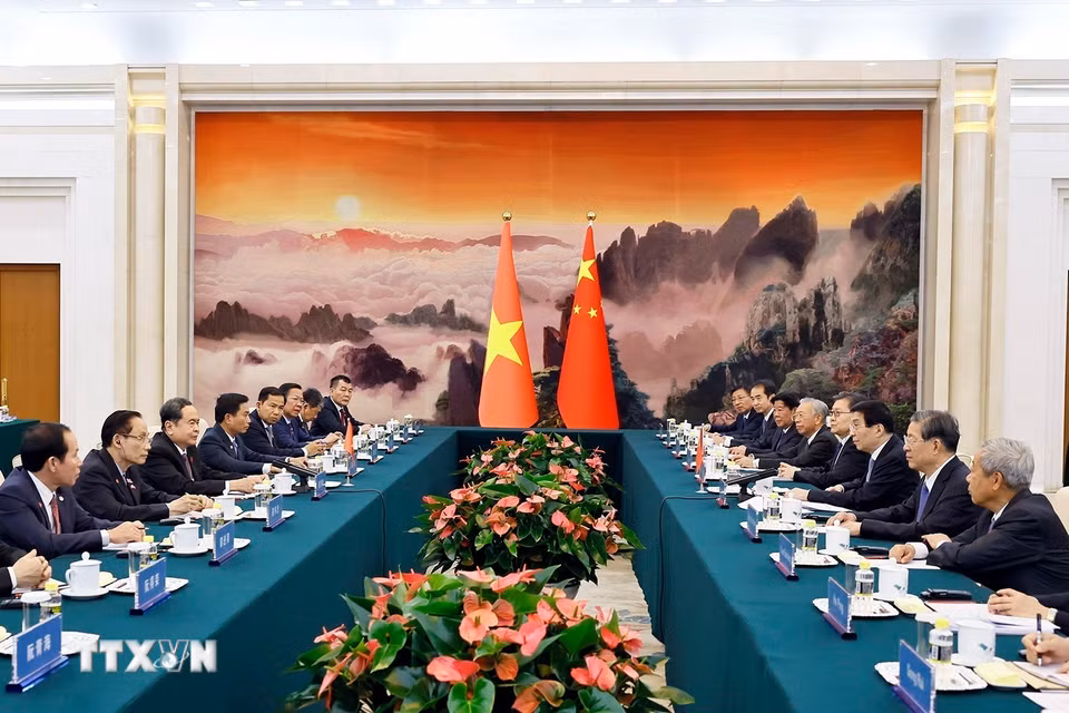 Chủ tịch Quốc hội Trần Thanh Mẫn hội kiến Chủ tịch Chính hiệp toàn quốc Trung Quốc Vương Hộ Ninh. (Ảnh: Doãn Tấn/TTXVN)