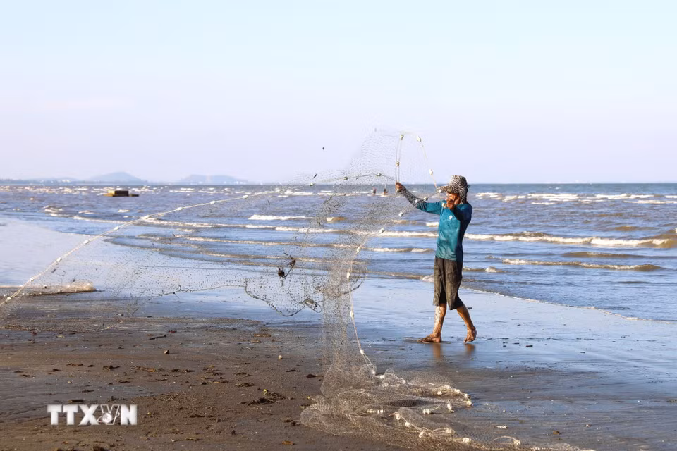 Ngư dân tung lưới rùng để giũ bỏ cát biển dính trên lưới và rác mắc trong mắt lưới rùng trước khi mang lưới ra biển để tiếp tục hoạt động thả lưới rùng vây tôm, cá. (Ảnh: Xuân Tiến/TTXVN)