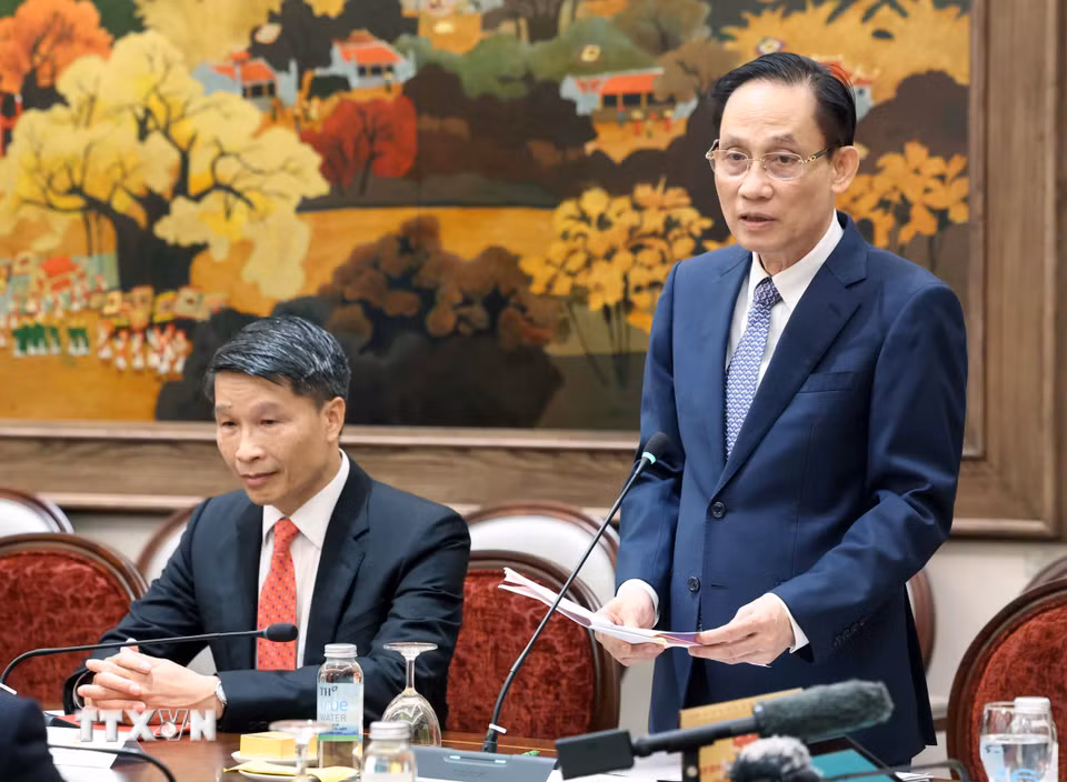 Đồng chí Lê Hoài Trung, Ủy viên Bộ Chính trị, Bộ trưởng Bộ Ngoại giao phát biểu. (Ảnh: Thống Nhất/TTXVN)