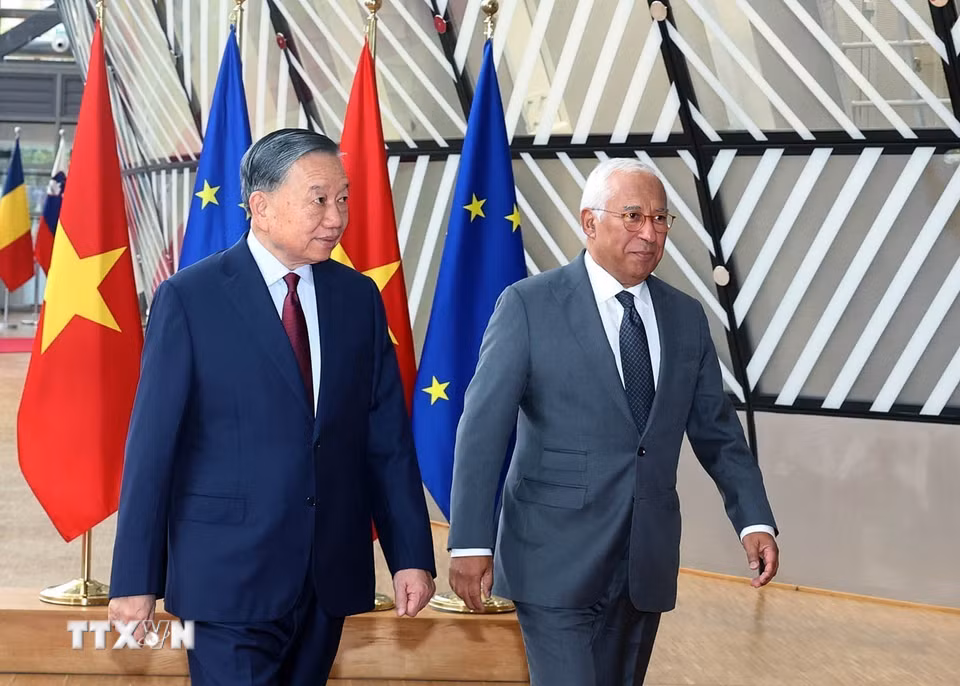 Tổng Bí thư, Chủ tịch nước Tô Lâm và Chủ tịch Hội đồng châu Âu Antonio Costa. Ảnh: (Thống Nhất/TTXVN)