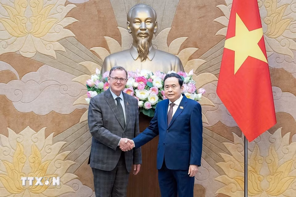 Chủ tịch Quốc hội Trần Thanh Mẫn tiếp Phó Chủ tịch Quốc hội Cộng hòa Liên bang Đức Bodo Ramelow. (Ảnh: Doãn Tấn/TTXVN)