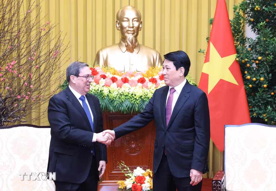 Chủ tịch nước Lương Cường tiếp Đặc phái viên Đảng Cộng sản Cuba, Nhà nước Cộng hòa Cuba, Ủy viên Bộ Chính trị, Bộ trưởng Ngoại giao Cuba Bruno Rodríguez Parrilla. (Ảnh: Lâm Khánh/TTXVN)