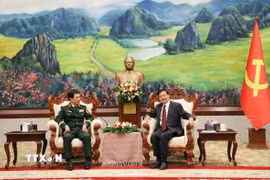 Đại tướng Phan Văn Giang chào xã giao Tổng Bí thư, Chủ tịch nước Lào Thongloun Sisoulith (phải) . (Ảnh: Xuân Tú/TTXVN)