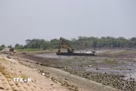 Phương tiện thi công đoạn Rạch Bùn của gói thầu xây dựng Đoạn 1 (nối tiếp tuyến đê giảm sóng Tân Thành phía bắc đến cống Rạch Bùn). (Ảnh: Hữu Chí/TTXVN)