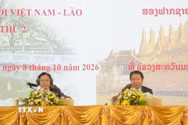 Thứ trưởng Bộ Ngoại giao Việt Nam Ngô Lê Văn và Thứ trưởng Bộ Ngoại giao Lào Anouparb Vongnorkeo đồng chủ trì Hội nghị. (Ảnh: TTXVN phát)