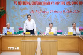 Thủ tướng Lê Minh Hưng và Chủ tịch Quốc hội Trần Thanh Mẫn đồng chủ trì Hội nghị Ban Thường vụ Đảng ủy Chính phủ và Ban Thường vụ Đảng ủy Quốc hội. (Ảnh: Dương Giang/TTXVN)