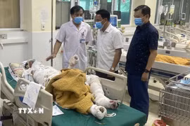 Giám đốc Sở Y tế tỉnh Điện Biên Phạm Giang Nam (giữa) thăm hỏi, động viên các bệnh nhân. (Ảnh: TTXVN phát)