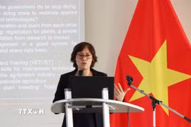 Tiến sỹ Nguyễn Ninh Thuận phát biểu tại Hội thảo hợp tác khoa học-công nghệ-thương mại Việt Nam-Liên minh châu Âu (EU), tại Brussels tháng 3/2026. (Ảnh: Hương Giang/TTXVN)