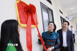 Phó Thủ tướng Phạm Thị Thanh Trà thực hiện nghi thức khánh thành phòng học thực hành Stem. (Ảnh: Đinh Thùy/TTXVN)
