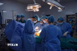 Êkíp bác sỹ Bệnh viện Hùng Vương Gia Lai phối hợp với Trung tâm Điều phối ghép tạng Quốc gia và các bệnh viện tuyến Trung ương thực hiện ca hiến tạng đầu tiên tại tỉnh Gia Lai. (Ảnh: TTXVN phát)