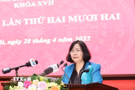 Bà Bùi Thị Minh Hoài, Ủy viên Bộ Chính trị, Bí thư Thành ủy Hà Nội, phát biểu kết luận hội nghị. (Ảnh: Phương Hoa/TTXVN)