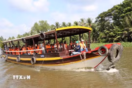 Khách tham quan, trải nghiệm du lịch sinh thái sông nước trên địa bàn tỉnh Vĩnh Long. (Ảnh: Thanh Hòa/TTXVN)
