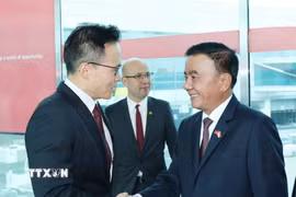 Quốc Vụ khanh Bộ Quốc phòng Singapore Desmond Choo đón đồng chí Trần Cẩm Tú, Ủy viên Bộ Chính trị, Thường trực Ban Bí thư, tại sân bay quốc tế Changi. (Ảnh: Phương Hoa/TTXVN)