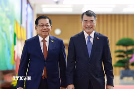 Thủ tướng Lê Minh Hưng đón Tổng thống nước Cộng hòa Liên bang Myanmar Min Aung Hlaing. (Ảnh: Dương Giang/TTXVN)