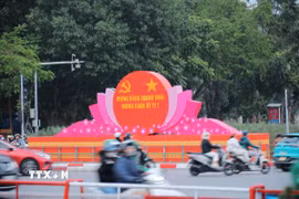 Các panô, áp phích tuyên truyền, cổ động cho chào mừng 95 năm Ngày Thành lập Đảng Cộng sản Việt Nam. (Ảnh: Hoàng Hiếu/TTXVN)