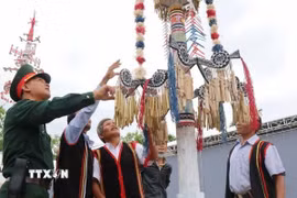 Cây nêu có vai trò quan trọng trong đời sống văn hóa tinh thần đồng bào Co. (Ảnh: Phạm Cường/TTXVN)