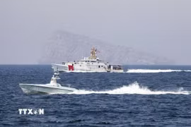 Tàu di chuyển tại Eo biển Hormuz. (Ảnh: IRNA/TTXVN)