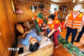 Thuyền trưởng tàu Quang Anh 69 được lực lượng chức năng kịp thời sơ cứu ban đầu. (Ảnh: TTXVN phát)