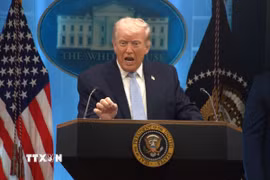 Tổng thống Mỹ Donald Trump trong cuộc họp báo tại Washington DC., ngày 6/4. (Ảnh: THX/TTXVN)