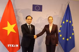 Bộ trưởng Ngoại giao Lê Hoài Trung và Đại diện cấp cao EU Kaja Kallas. (Ảnh: Duy Tùng/TTXVN)