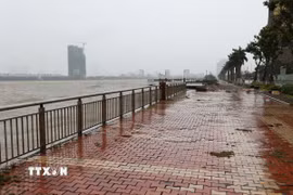 Nước sông Hàn dâng cao và sóng lớn, cao hơn 3m liên tục đánh mạnh vào bờ kè. (Ảnh: Anh Dũng/TTXVN)