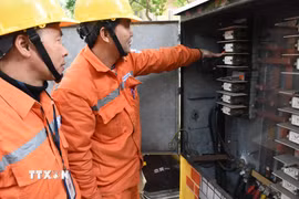 Điện lực Hà Nội kiểm tra hệ thống điện trên địa bàn. (Ảnh TTXVN phát)