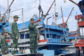 Bộ đội biên phòng dùng loa phóng thanh kêu gọi các tàu cá sắp xếp neo đậu an toàn tại cảng cá Sa Huỳnh. (Ảnh: Phạm Cường/TTXVN)