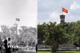 Cột cờ Hà Nội, có tuổi đời hơn 200 năm, là công trình lịch sử đặc biệt trong Quần thể di tích Hoàng thành Thăng Long. Không chỉ là biểu tượng của Thủ đô, Cột cờ Hà Nội còn là chứng tích cho một thời kháng chiến oanh liệt, dấu ấn kiên cường, bất khuất của các thế hệ người dân đất Hà thành. Trong ngày Giải phóng Thủ đô 10/10/1954, Lễ thượng cờ Tổ quốc trên đỉnh “Cột cờ Hà Nội” đã trở thành giây phút thiêng liêng với người dân Thủ đô. (Ảnh: Tư liệu TTXVN)