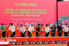 Tổng Bí thư Tô Lâm cùng các đại biểu thực hiện nghi thức khởi công xây dựng Trường Phổ thông nội trú liên cấp Na Ngoi. (Ảnh: Trịnh Duy Hưng/TTXVN)