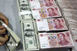 Kiểm tiền nhân dân tệ (phải) và USD (trái) tại ngân hàng ở tỉnh An Huy, Trung Quốc. (Ảnh: AFP/TTXVN)