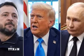 (Từ trái sang) Tổng thống Ukraine Volodymyr Zelensky, Tổng thống Mỹ Donald Trump và Tổng thống Nga Vladimir Putin. (Ảnh: AP/TTXVN)