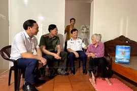 Đoàn công tác thăm, tặng quà gia đình bà Trần Thị Bính, đảng viên 65 năm tuổi Đảng tại thôn Mão Cầu, xã Nam Giang. (Ảnh: Lam Giang/TTXVN)