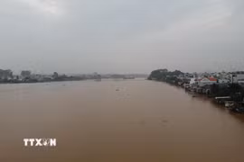 Mực nước sông Đồng Nai tại khu vực Biên Hòa lên cao, nhiều khu dân cư ven sông có nguy cơ ngập lụt. (Ảnh: Sỹ Tuyên/TTXVN)