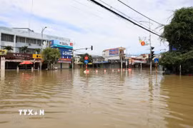 Khu vực ngập úng phường Tân Thịnh (tỉnh Thái Nguyên). (Ảnh: Nhật Anh/TTXVN)