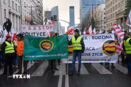 Nông dân tham gia biểu tình phản đối thỏa thuận thương mại tự do EU-Mercosur tại Ba Lan. (Ảnh: PAP/TTXVN)