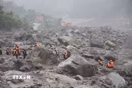 Lực lượng cứu hộ tìm kiếm nạn nhân tại hiện trường lũ quét ở Rasuwa, Nepal. (Ảnh: ANI/TTXVN phát)