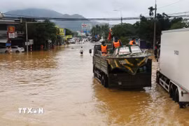 Lực lượng quân đội cùng phương tiện tham gia hỗ trợ ứng cứu người dân vùng ngập lụt tỉnh Khánh Hòa. (Ảnh: Xuân Triệu/TTXVN)