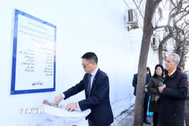 Đại sứ Việt Nam tại Algeria Trần Quốc Khánh đặt hoa tưởng niệm các nhà báo hy sinh tại Sóc Sơn. (Ảnh: Mạnh Hùng/TTXVN)