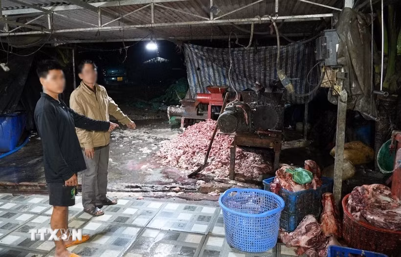 Đối tượng Trần Văn Hùng (áo vàng) cùng tang vật. (Ảnh: TTXVN phát)