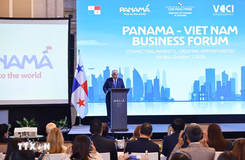 Tổng thống Cộng hòa Panama José Raúl Mulino phát biểu tại Diễn đàn. (Ảnh: Minh Đức/TTXVN)