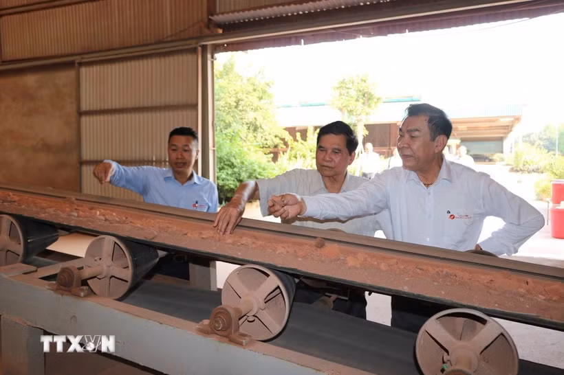 Anh hùng Lao động Nguyễn Quang Mâu (áo trắng ngoài cùng) đang giới thiệu dây chuyền nghiền khô siêu mịn với ông Đinh Quang Huy - nguyên chủ tịch Hội gốm xây dựng Việt Nam. (Ảnh: Diệu Thúy/TTXVN)
