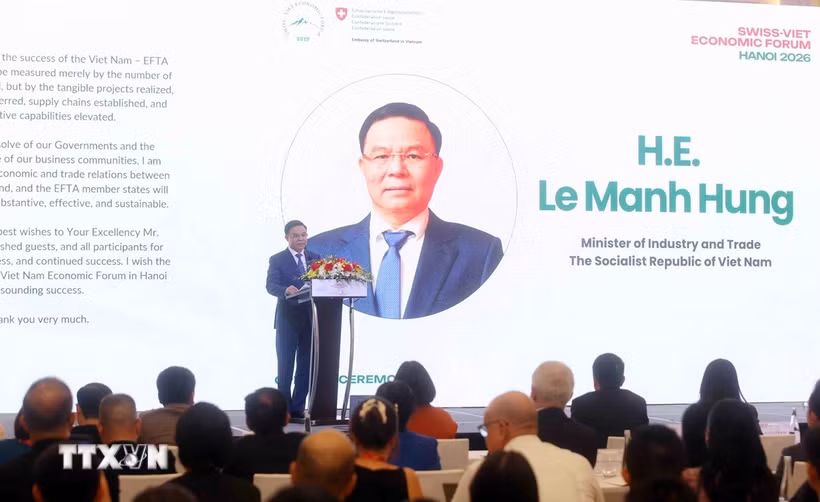 Bộ trưởng Bộ Công Thương Lê Mạnh Hùng phát biểu tại Diễn đàn Kinh tế Việt Nam-Thụy Sĩ. (Ảnh: Phạm Kiên/TTXVN)